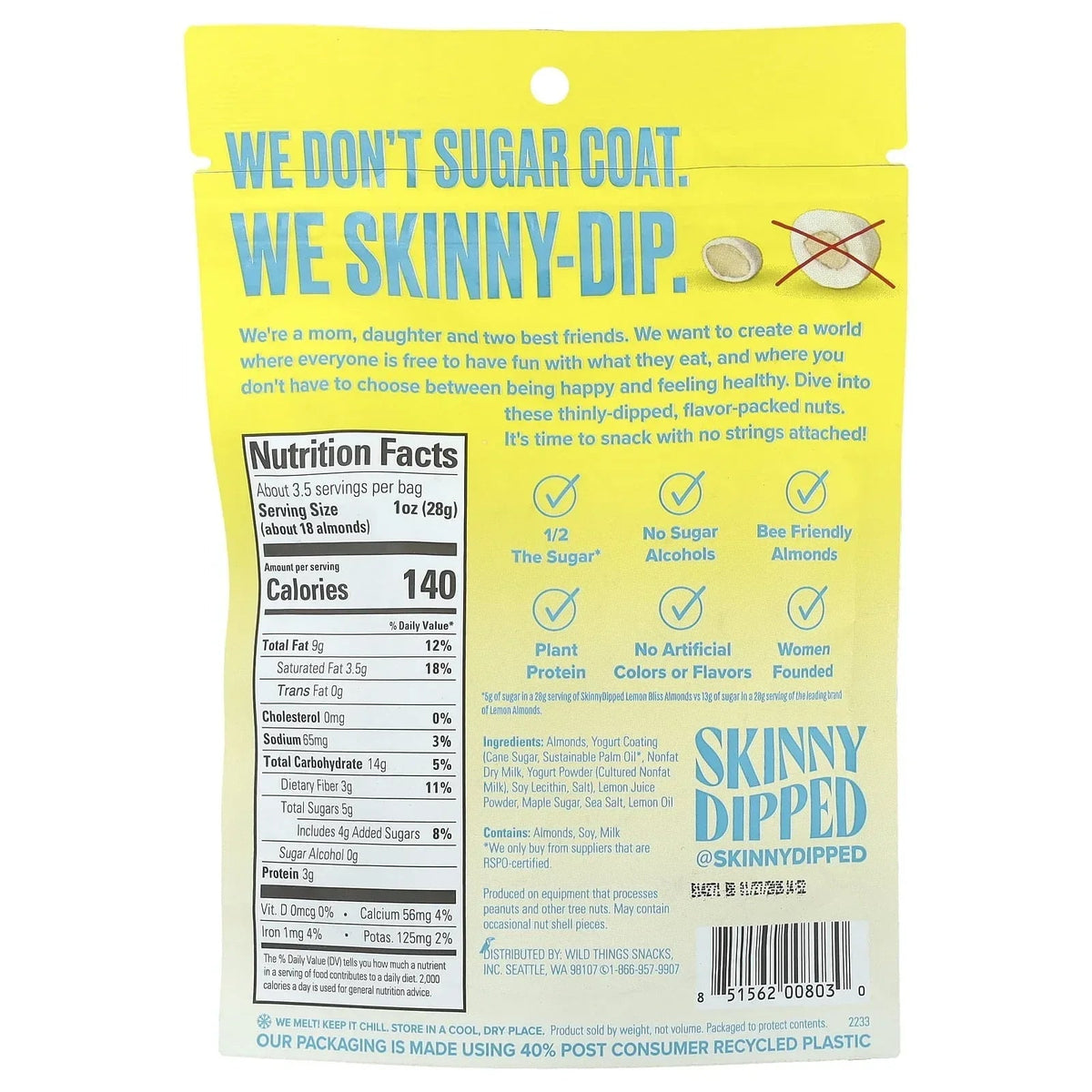 SkinnyDipped Lemon Bliss Yogurt Covered Almonds, Healthy Snack, Plant Protein, Gluten Free, 3.5 oz Resealable Bag
