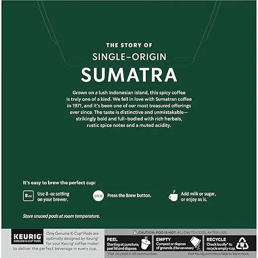 Starbucks Coffee K-Cup Pods, Sumatra Single-Origin Coffee, Dark Roast Ground Coffee, Keurig Genuine K-Cup Pods, 32 Count (Pack of 4)