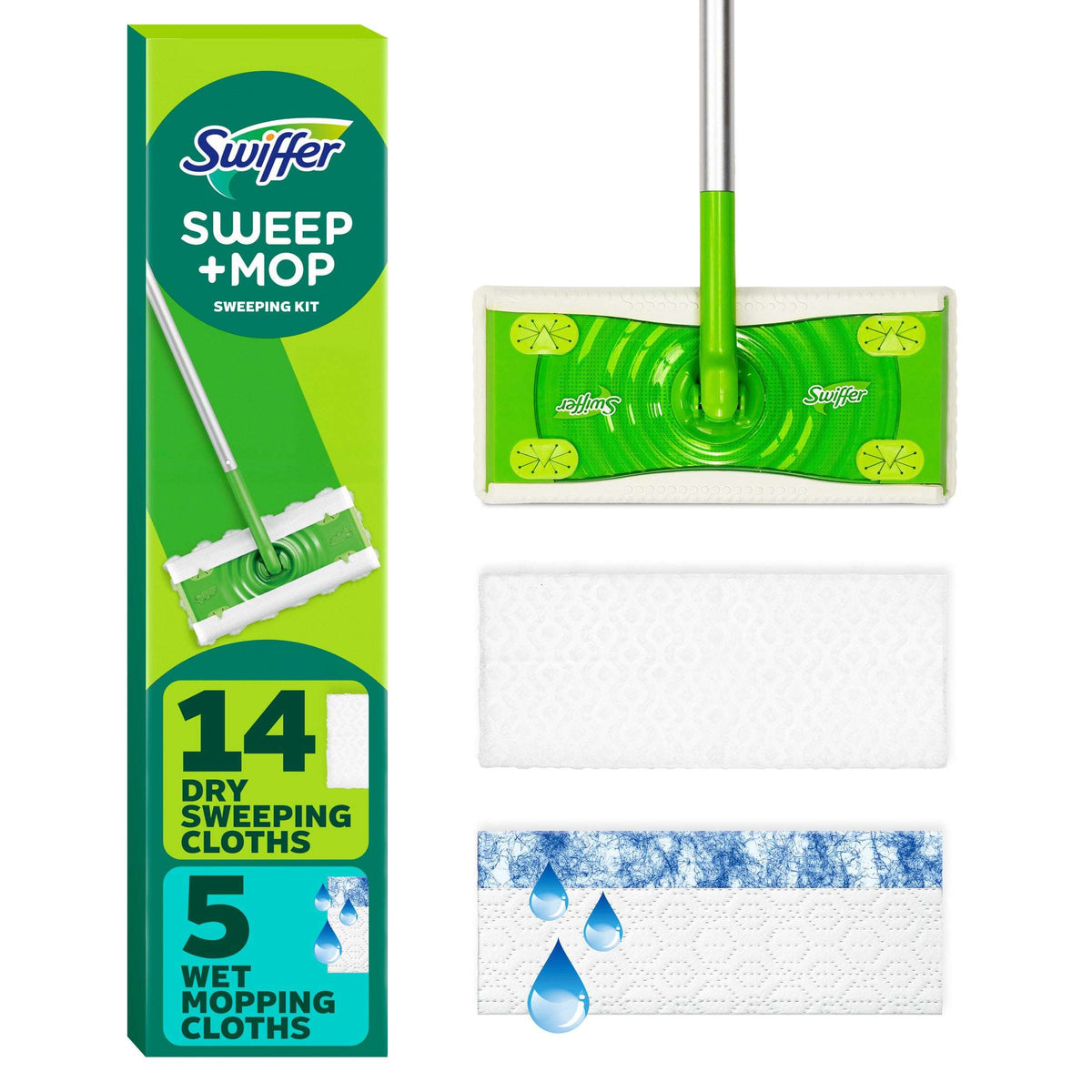 Swiffer Sweep & Mop Dry + Wet Floor Mopping and Sweeping Kit, 1 Device, 5 Dry Cloths, 3 Wet Cloths