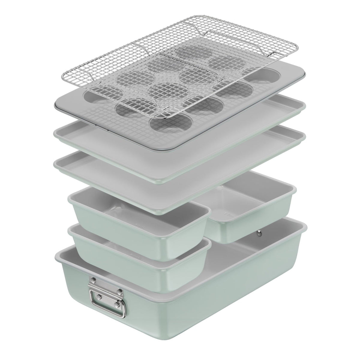 T-fal Stackable Ceramic Bakeware, 5 Piece Nonstick Bakeware Set, Mint Green, Oven Safe 450°F