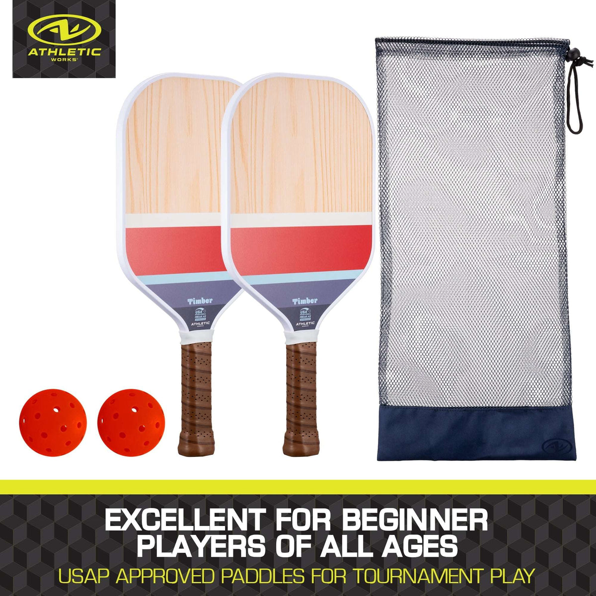 Athletic Works Timber Wooden 2-Player Pickleball Paddle Set, Includes 2 Paddles/2 Pickleballs/Carry Bag, Red/White/Blue