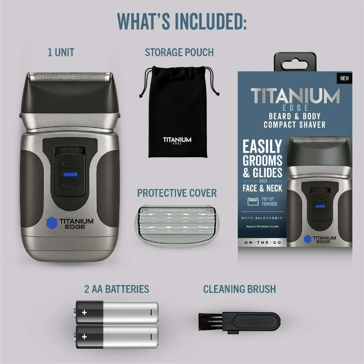 Titanium Edge Beard & Body Compact Shaver – Men’s Electric Groomer for Face, Neck & Body – Pop-Up Trimmer, Titanium Blade, Hypoallergenic, Travel Ready