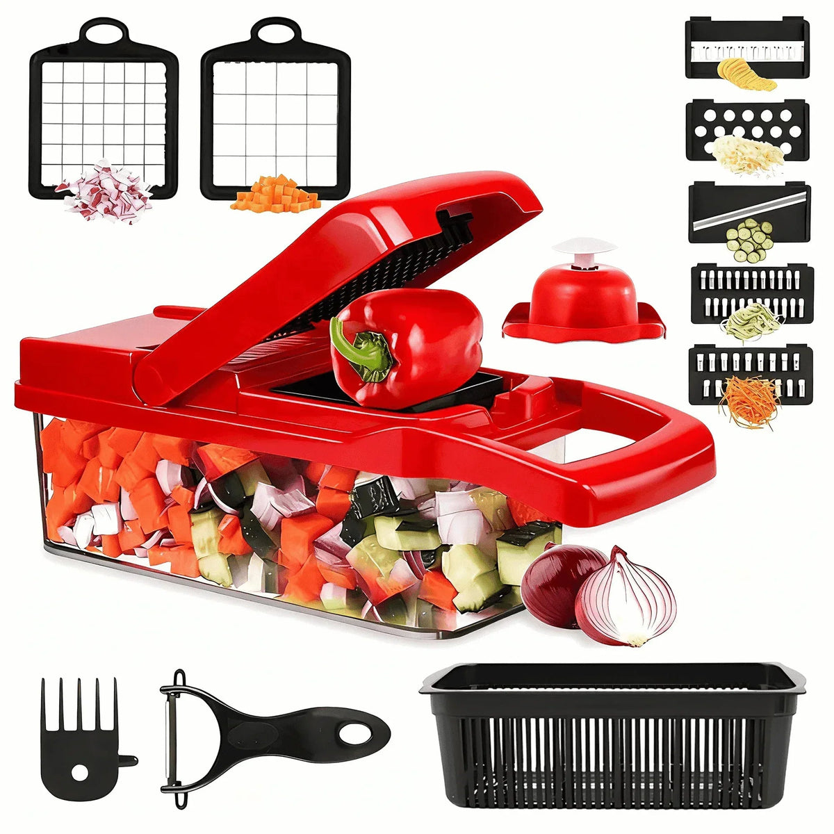 Vegetable Chopper, Pro Onion Chopper, 14 in 1Multifunctional Food Chopper, Kitchen Vegetable Slicer Dicer Cutter,Veggie Chopper With 8 Blades,Carrot Chopper With Container-kitchen essentials(Grey)