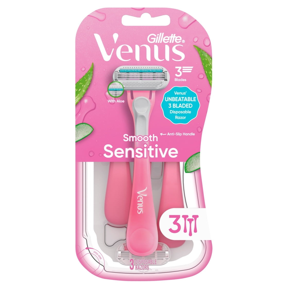 Venus Sensitive Women's 3 Blade Disposable Razor, 3 count, Pink