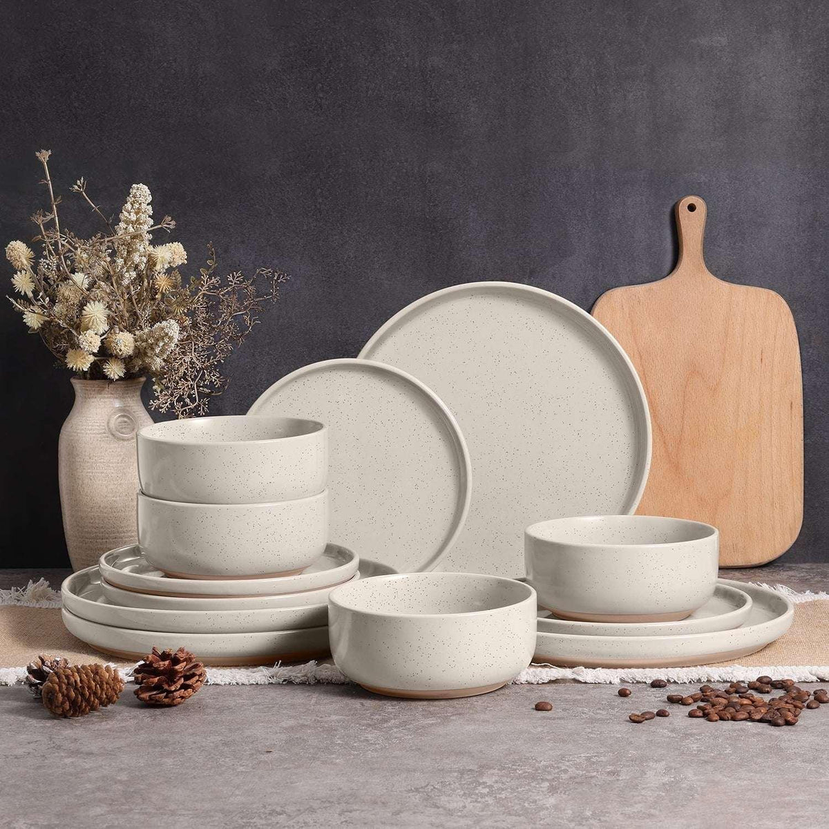 Vesteel 12-Piece Dinnerware set, Ceramic Plates and Bowls set for 4, Speckled Stoneware Dishes Set for Family, Microwave & Dishwasher Safe - Cappuccino Brown