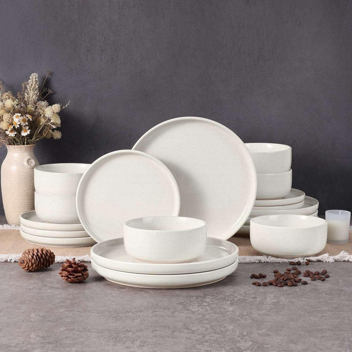Vesteel 18-Piece Dinnerware Set, Ceramic Plates and Bowls Set for 6, Speckled Stoneware Dishes Set for Family, Microwave & Dishwasher Safe - Cappuccino Brown