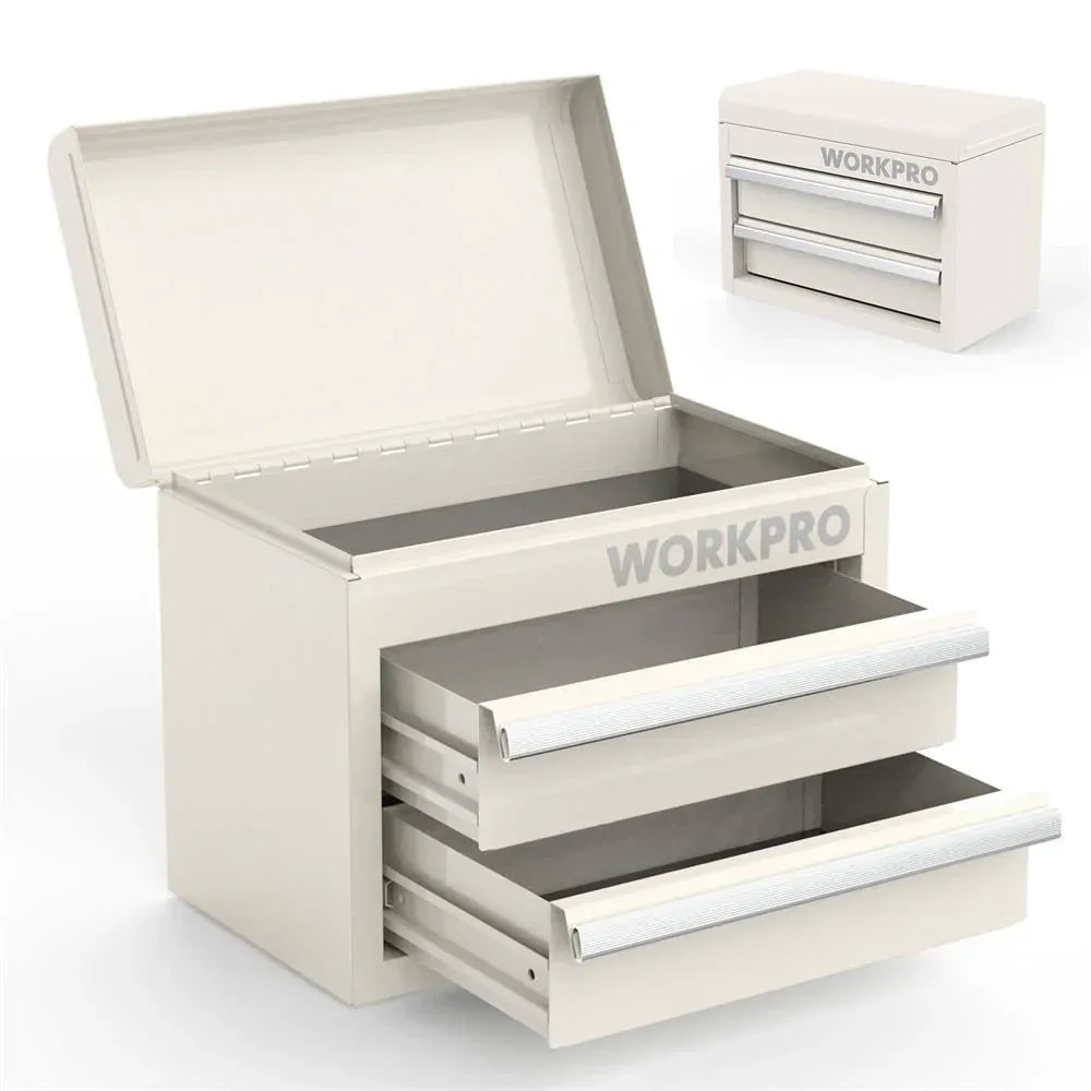 WORKPRO Mini Metal Tool Box with 2 Drawers and Top Storage, Small Tool Chest with PVC Liners and PP Feet Pads, Cold Rolled Steel Toolbox with Magnetic Tab, Blue
