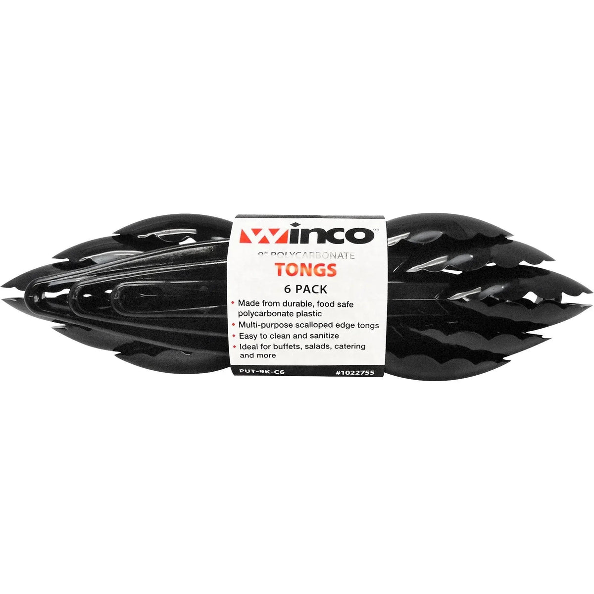 Winco 9" Plastic Tongs, Black, 6-count