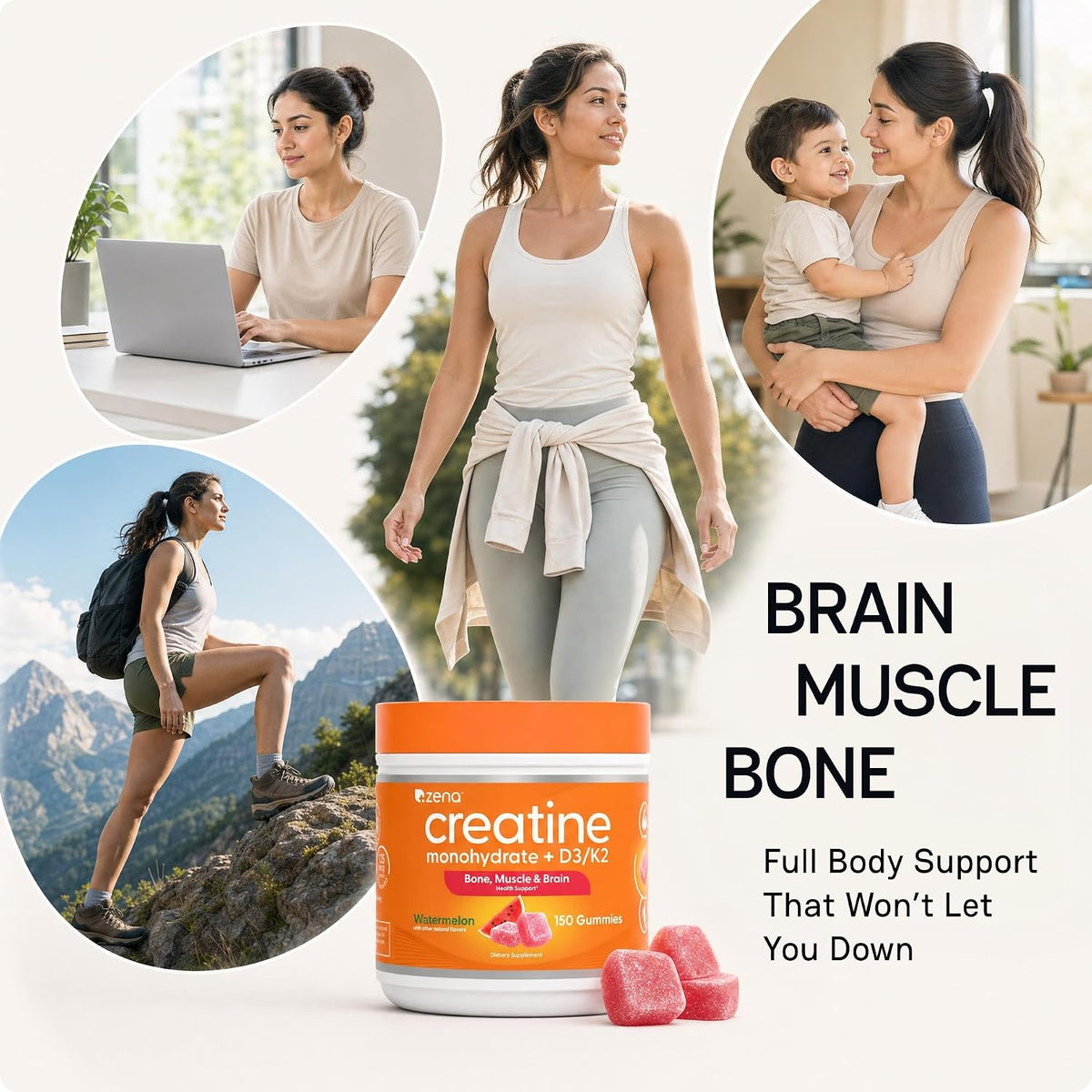 Zena Nutrition Creatine Gummies with D3 & K2, Creatine Monohydrate for Men and Women, Supports Bone, Muscle, & Cognitive Health, Gummy Workout Supplement, Watermelon Flavor, 150ct, 30 Daily Servings