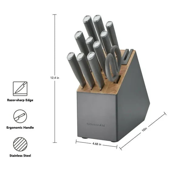 KitchenAid Classic 12-Piece Japanese Steel Knife Block Set with Built-in Knife Sharpener, Charcoal Gray