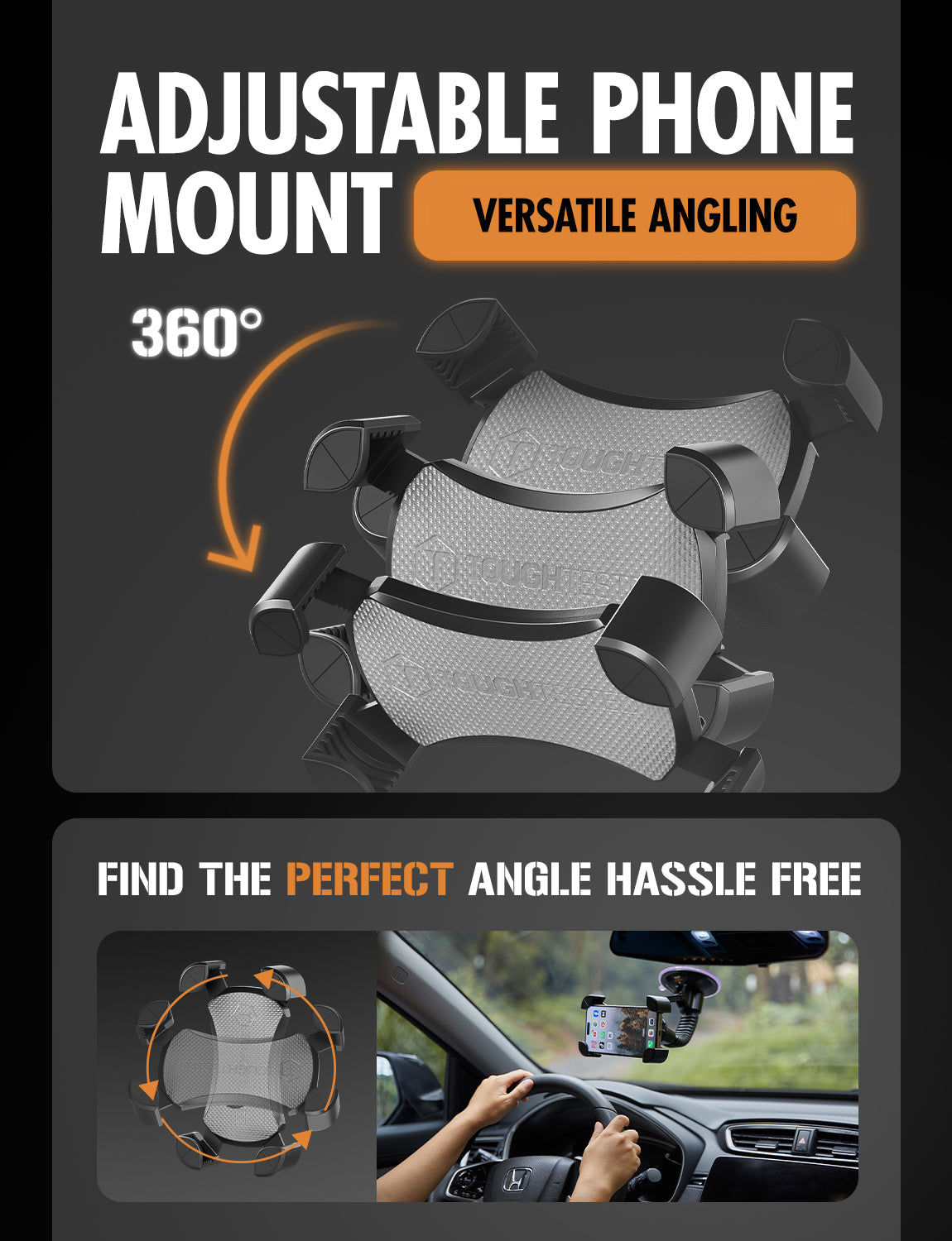 ToughTested Mammoth Windshield Phone Mount with Double-Ribbed Gooseneck, Extra-Large 4.25” Suction Cup, 4-Way Locking Claw Grip, 360° Rotation & One-Button Release