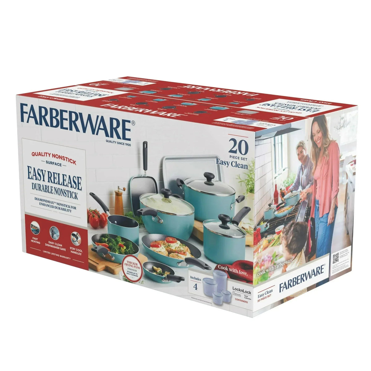 Farberware Easy Clean 20 Pcs Nonstick Cookware Set and Glass Lids with Cooking Tools and Food Storage Containers, Dishwasher Safe