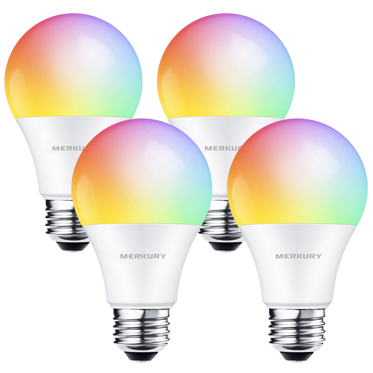 Merkury Smart LED Bulbs - 9W (60W Eqv) RGBW Dimmable A19 Light, E26 Base (4-Pack)
