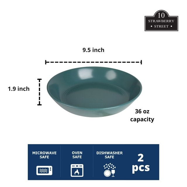 10 Strawberry Street Double Line 9.5"/36 oz Round Dinner Bowl, Set of 2, Emerald Green