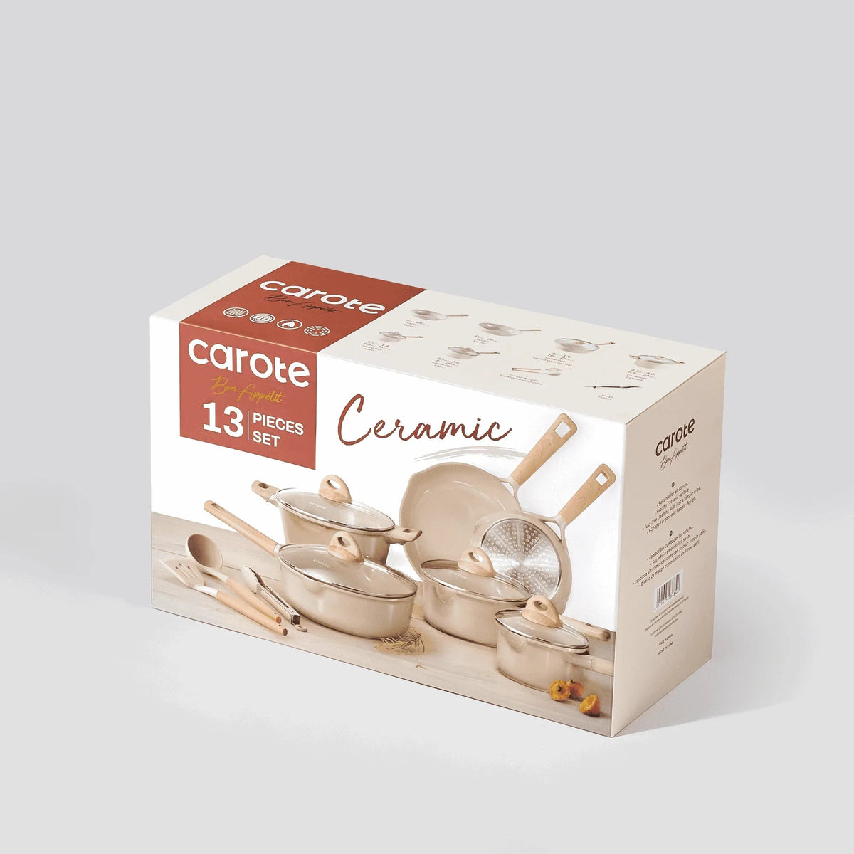 Carote Ceramic Nonstick Pots and Pans Set, 13 Pieces Non-Toxic Kitchen Cookware Sets Compatible for All Stoves, Taupe