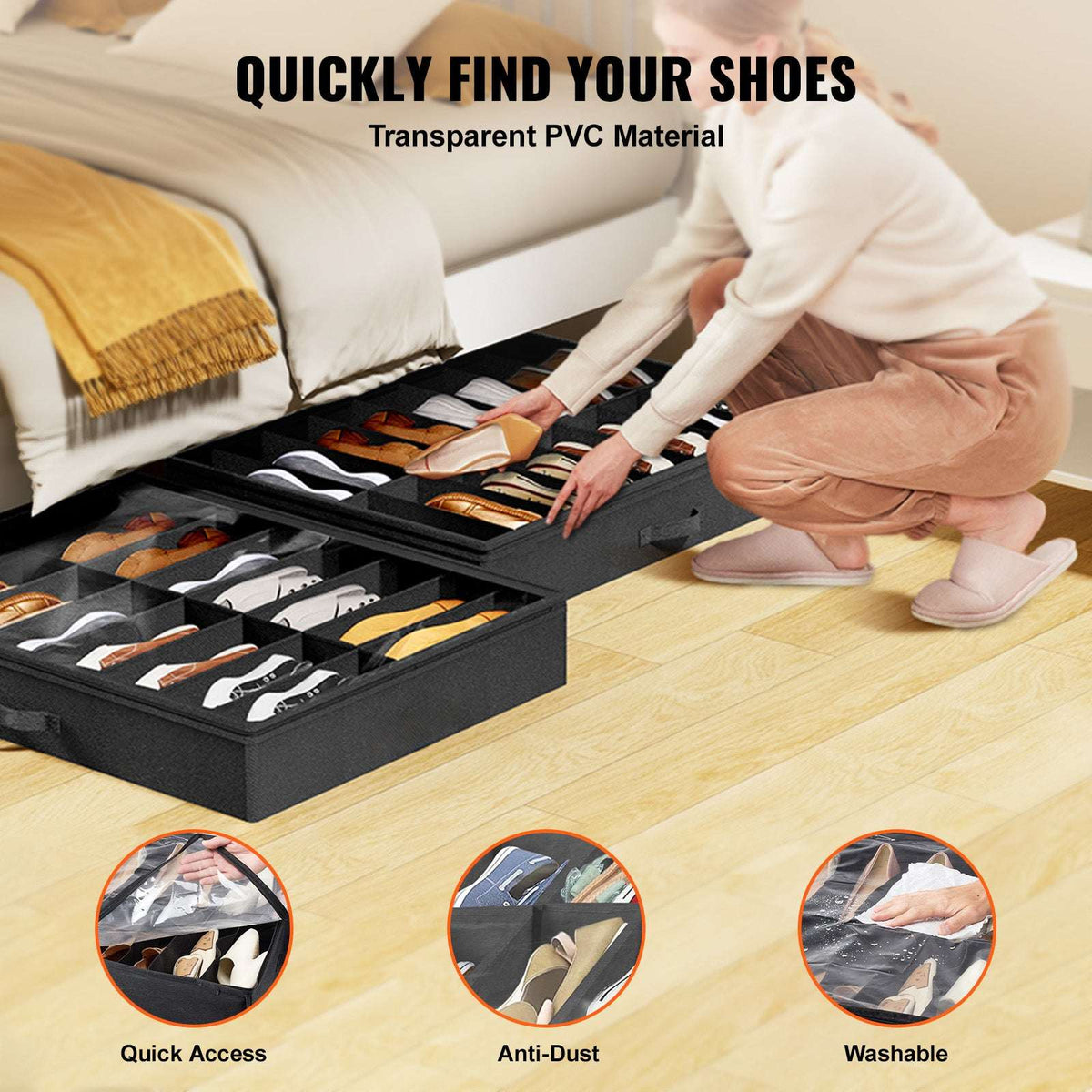 KFFKFF Shoe Storage Units for Under Bed, Pack of 2, Accommodates 32 Pairs, Underbed Footwear Storage System with Transparent Window, Airy, Collapsible Fabric Shoe Holder Box with Sturdy Handles