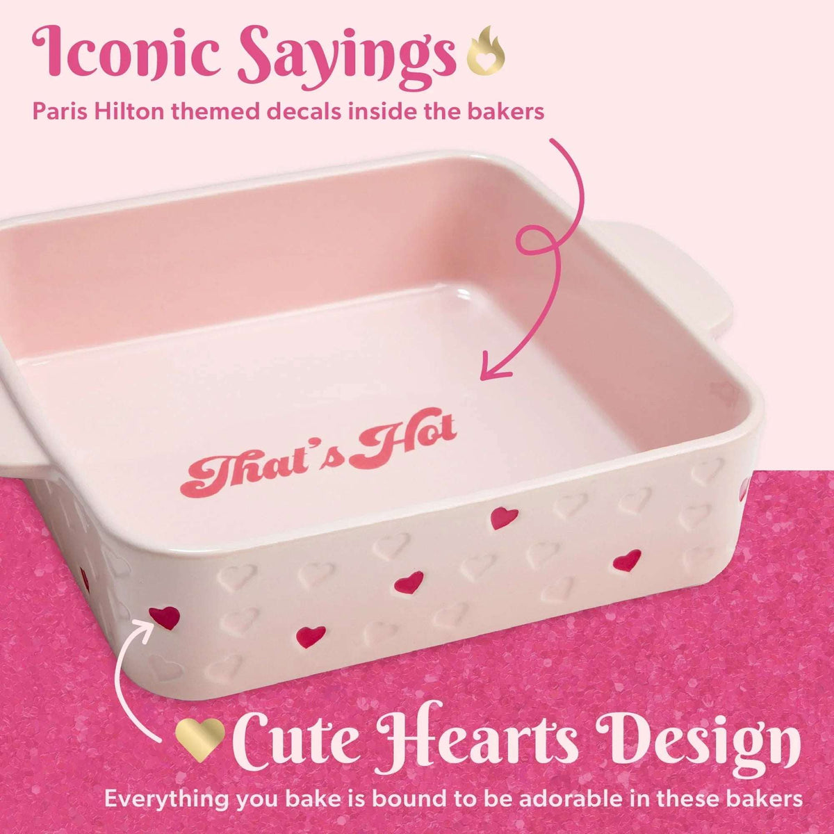 Paris Hilton 2-Piece Ceramic Nonstick Baking & Casserole Dish Set, Square and Heart-Shaped, Stoneware Baking Set, Pink