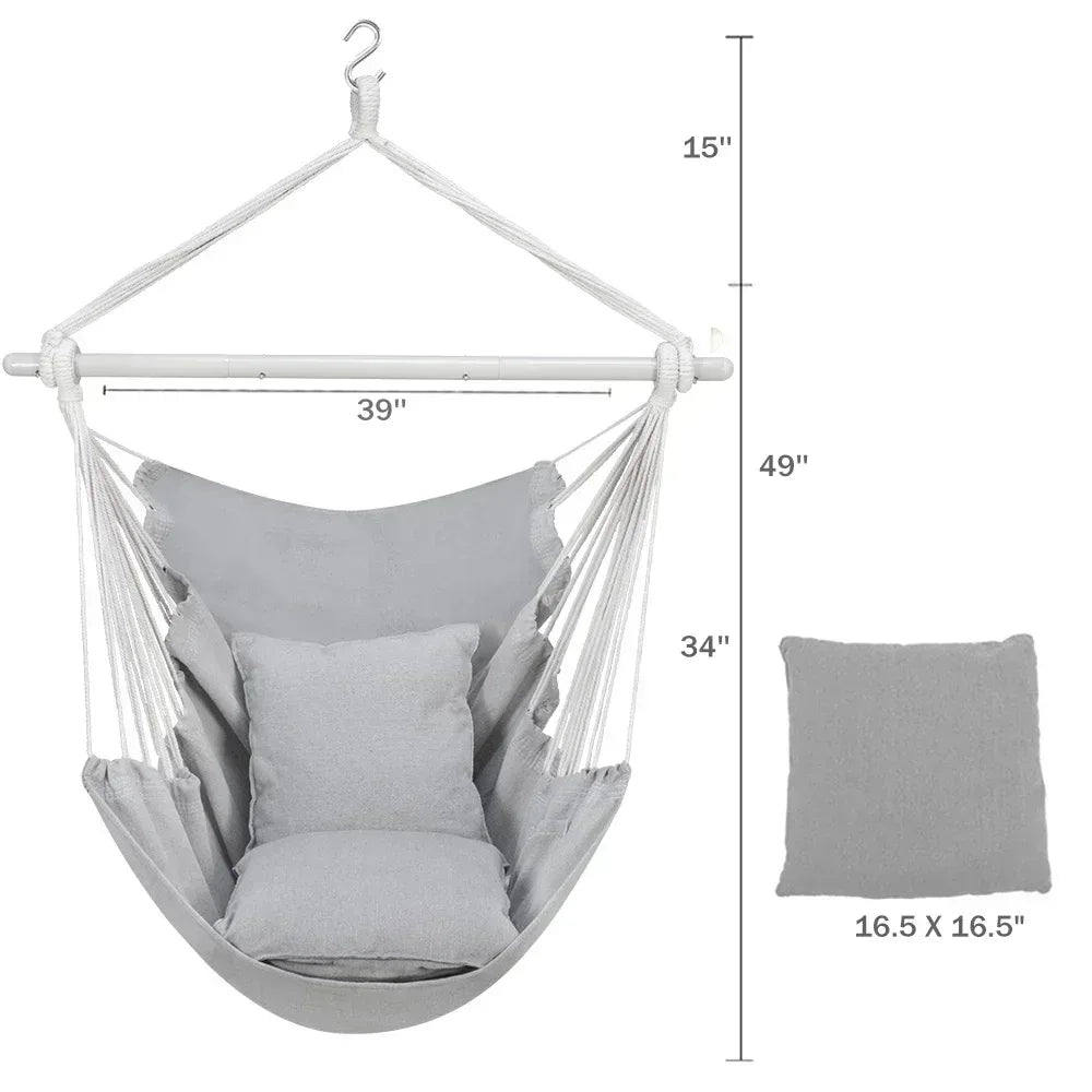 Large Hammock Chair Swing, Relax Hanging Rope Swing Chair with Detachable Metal Support Bar & Two Seat Cushions, Cotton Hammock Chair Swing Seat for Yard Bedroom Patio Porch Indoor Outdoor