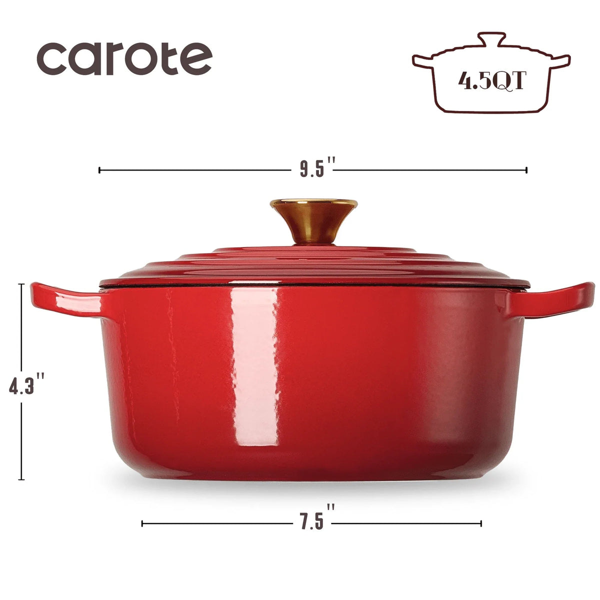 Carote 4.5QT Enamel Cast Iron Dutch Oven, 9.5 Inch Round Soup Pot with Lid, Induction Compatible,Red