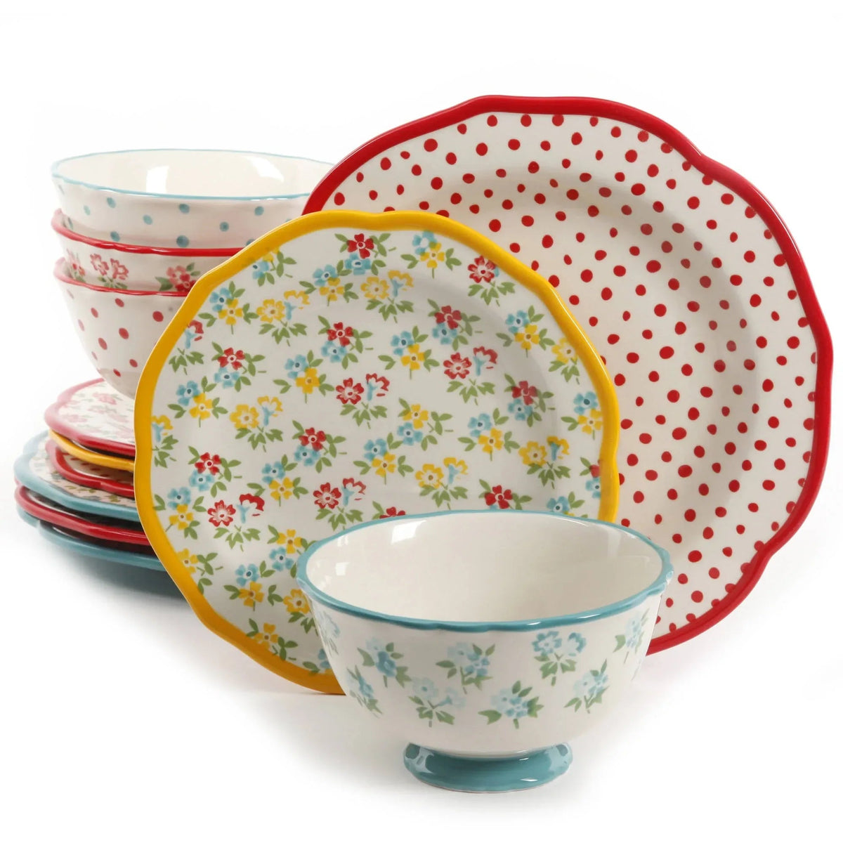 The Pioneer Woman Timeless Floral & Retro Dot 12-Piece Dinnerware Set, Multicolor