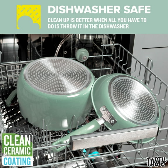 Tasty Clean Ceramic 16 Piece Non-Stick Aluminum Cookware Set, Sage Green