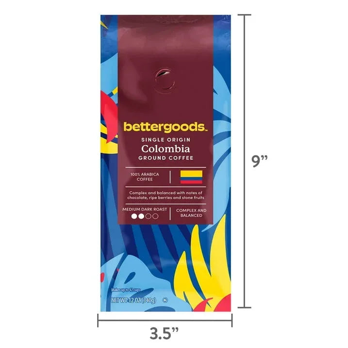 bettergoods Single Origin Colombia Ground Coffee, Medium Dark Roast, 12 oz