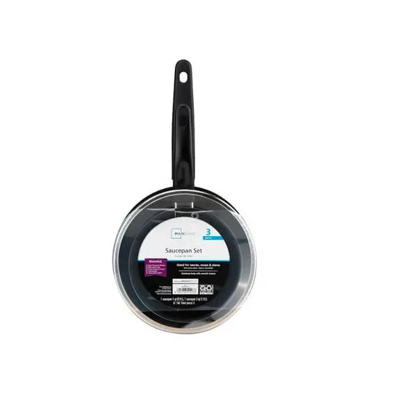 Mainstays 3 Piece Non-Stick Sauce Pans Black, 1Qt & 2Qt with Single Lid