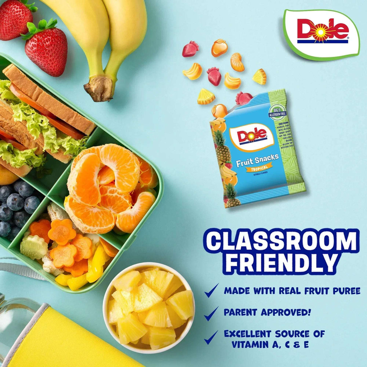 Dole Fruit Snacks, Mixed Berries Flavored, Big 9 Allergen Free, Dye Free, Gluten Free, Gelatin Free, Lunch Snacks 22 Count