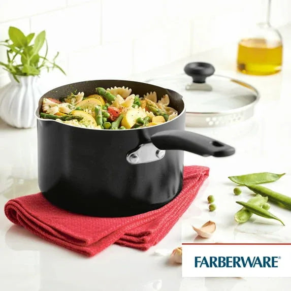 Farberware Easy Clean 3 Quart Nonstick Straining Sauce Pan with Pouring Spout and Lid, Dishwasher Safe, Black
