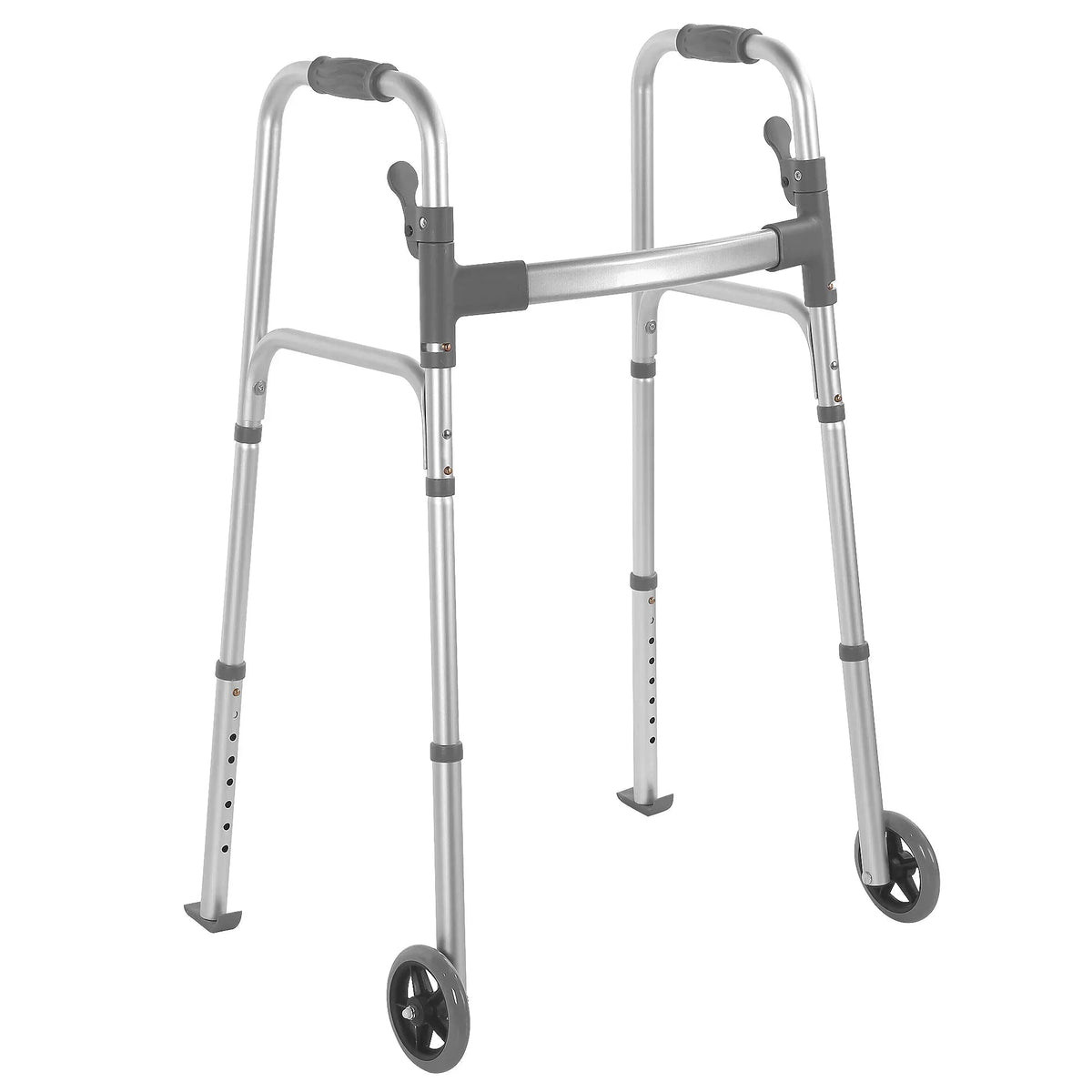 Naipo Compact Folding Walker with Trigger Release and Glide Skis for Seniors Elderly, 5 Inches Front Wheels Support Up to 350lbs, Silver