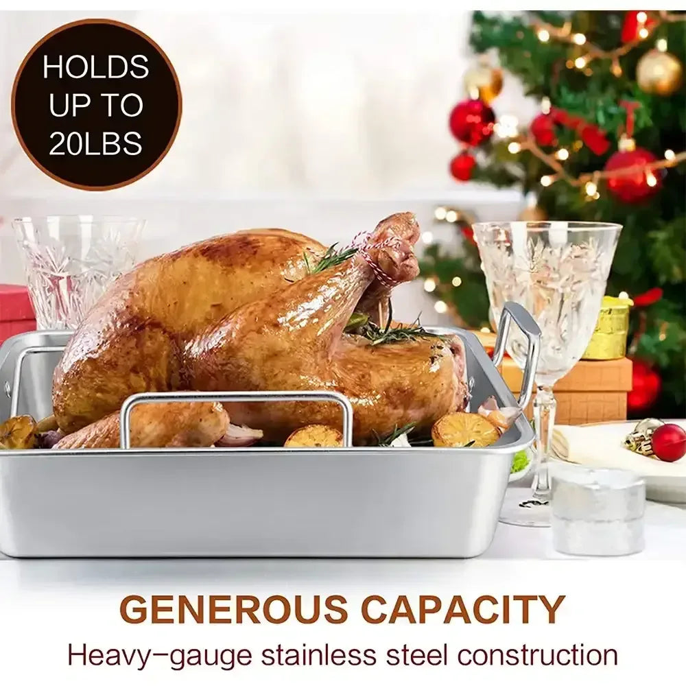 VeSteel 16'' x 11.5'' Roasting Pan with Rack, Stainless Steel Turkey Roaster Include Deep Lasagna Pan & V-Shaped Rack & Roasting Rack, Heavy Duty & Dishwasher Safe