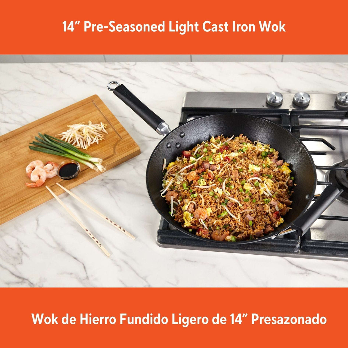 IMUSA 14in Light Cast Iron Preseasoned Wok with Cool Touch Handles