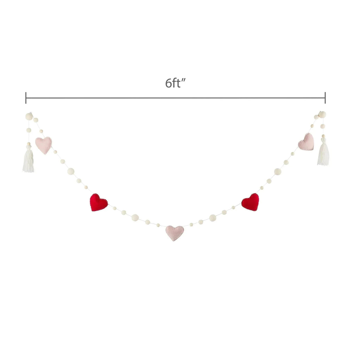 Felt Hearts and Wood Bead Garland, Red, White, and Pink, 6', Valentine's Day by My Texas House