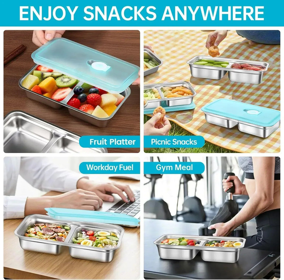 9 Pcs Stainless Steel Snack Containers with Lids and Lunch Box Bag, Grab and Go Snack Containers, Reusable 2 Compartment Stainless Steel Food Storage Containers Set for Travel & Outdoor Camping