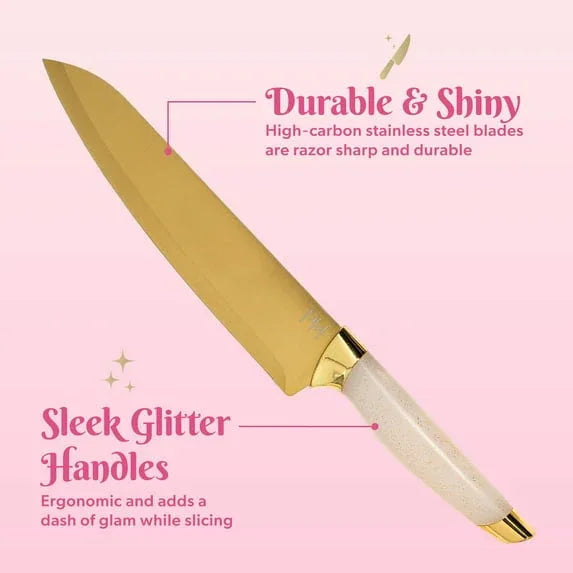 Paris Hilton Kitchen Knife Set with Heart-Shaped Block, 10-Piece Set, White Iridescent