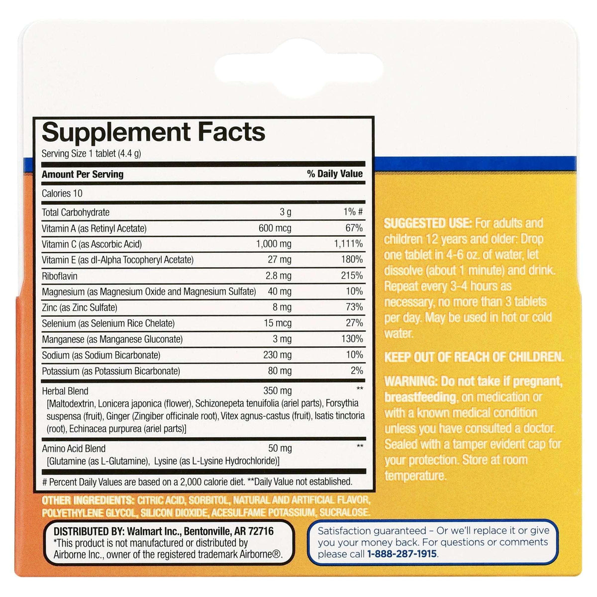 Equate Immune Support Dietary Supplement Effervescent Tablets, Orange Flavor, 10 Count, Compare to Airborne® Ingredients