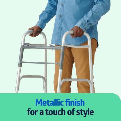 Medline Lightweight Folding Walker for Seniors with 5-Inch Wheels, Steel, Silver, 300 lb Weight Capacity