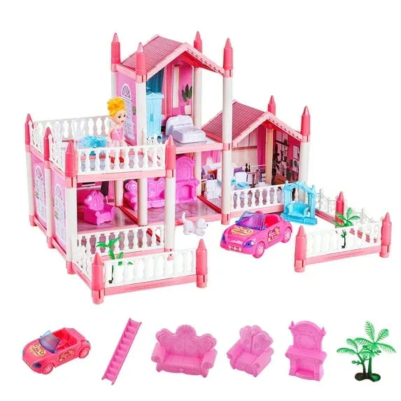 Anpro Pink Dollhouse Pretend Play Set for Kid, Big Villa Princess Castle, 5 Rooms Dollhouse with Doll Toy Figure for Boys and Girls Age 3+ Play House Gift Toys and Christmas
