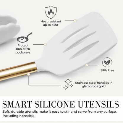 Styled Settings White and Gold Kitchen Utensils Set - 15-Piece Non-Scratch, White and Gold Utensils Set Includes White Silicone Cooking Utensils and White and Gold Measuring Cups and Spoons