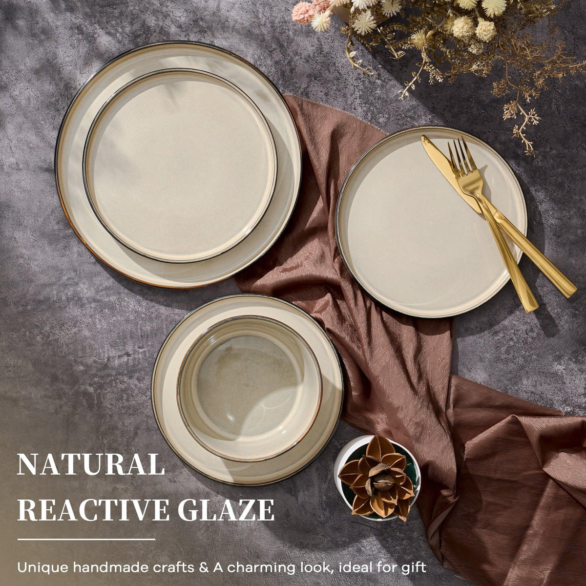 Vesteel Dinnerware Sets for 4, 12-Pieces Ceramic Plates and Bowls Sets, Handmade Reactive Glaze Dishes Set for Kitchen Dining, Dishwasher Safe, Khaki