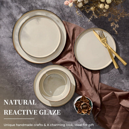 Vesteel Dinnerware Sets for 4, 12-Pieces Ceramic Plates and Bowls Sets, Handmade Reactive Glaze Dishes Set for Kitchen Dining, Dishwasher Safe, Khaki