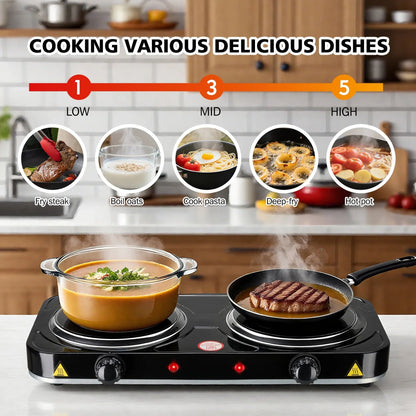 Electric Hot Plate, 2200W Countertop Burner,Cast Iron 2 Burners ,Portable Electric Stove, Portable Double Burners for Cooking,Easy to Clean, Black