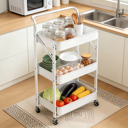 3 Tier Folding Rolling Cart, Folding Utility Cart with Lockable Wheels and Handle, Mobile Foldable Storage Cart Organizer for Kitchen, Bathroom, Office, Living Room