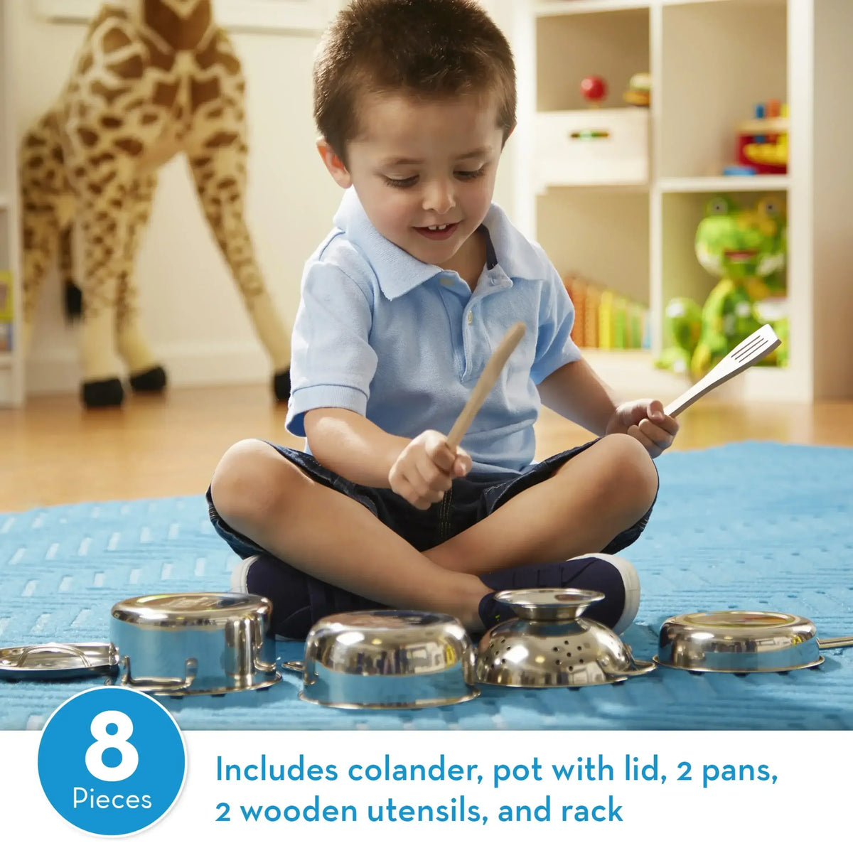 Melissa & Doug Stainless Steel Pots and Pans Pretend Play Kitchen Set for Kids with Wooden Utensils (8 Pcs)