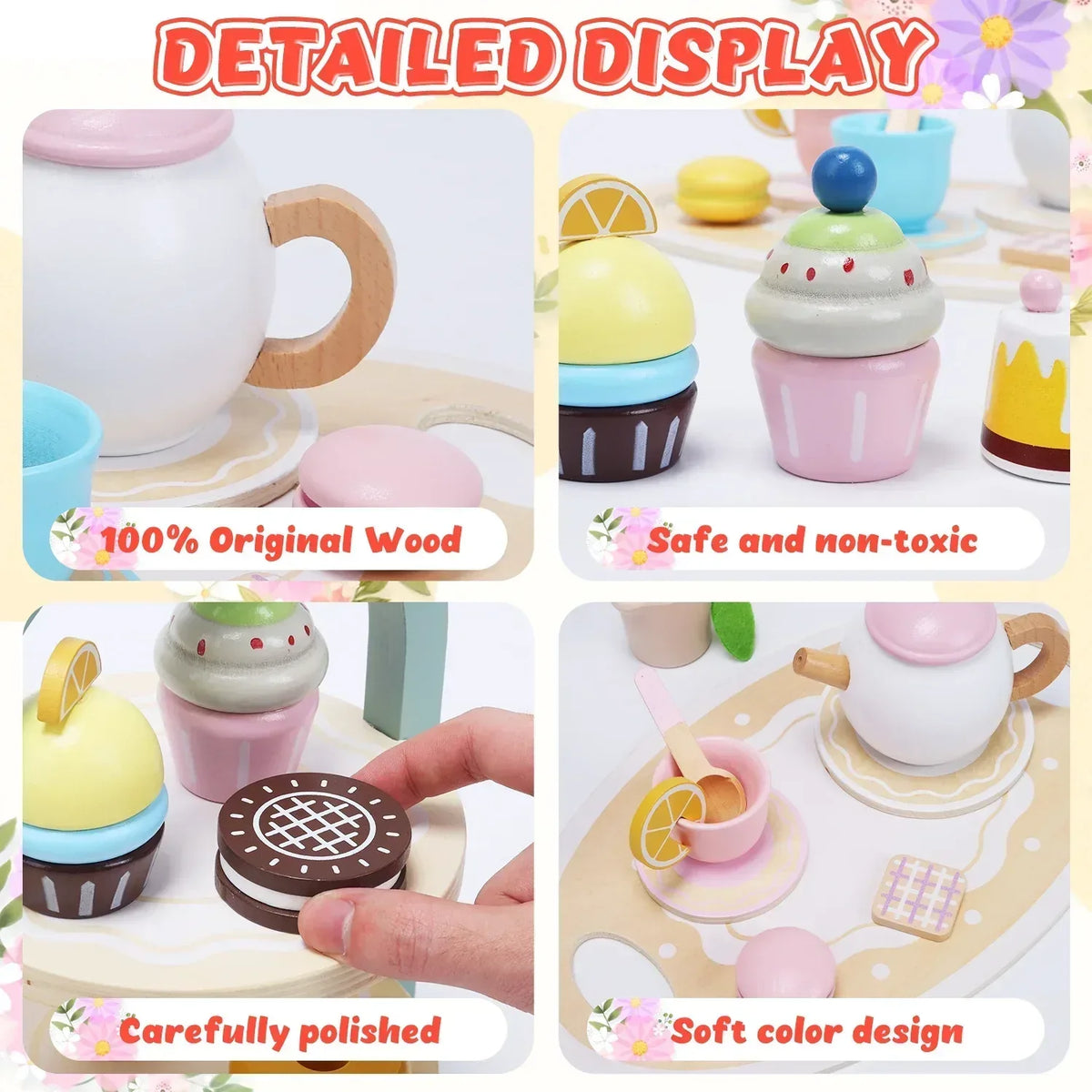 JoyStone Wooden Tea Party Set for Toddlers, Pretend Play Tea Sets for Kids with Storage Cupcake Stand, Wooden Toys Gifts for Girls & Boys