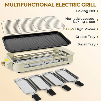SUSLAS Electric Indoor Grill & Griddle, 1800W Smokeless Design with 4 Removable Nonstick Plates, Dishwasher Safe, Adjustable Temperature Control for Indoor Cooking