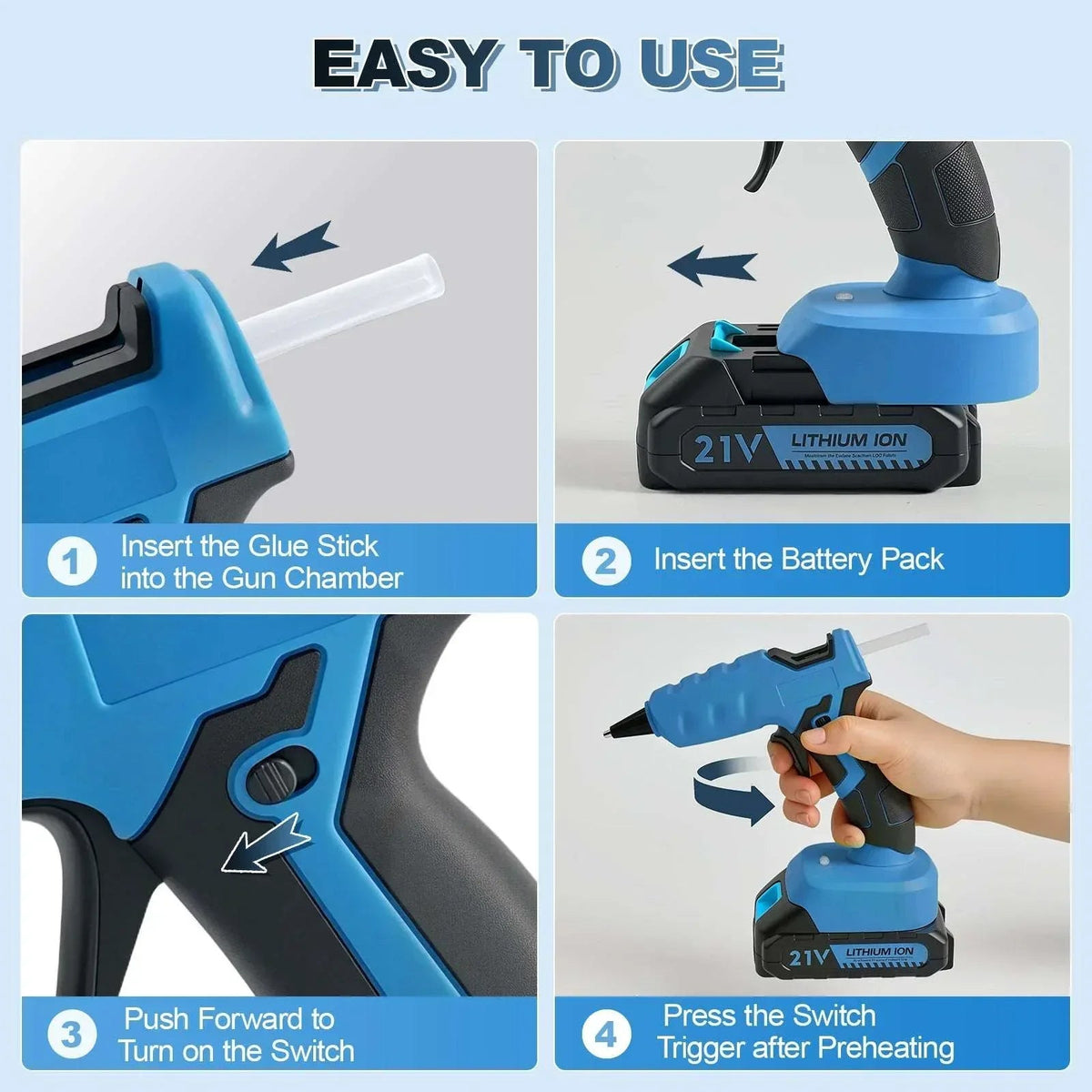 Cordless Hot Glue Gun with 2.0Ah Battery Charger and 30pcs Full Size Glue Sticks 100W Power Melt Glue Gun for DIY Festival Decor and Gifts, Blue
