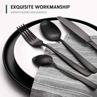 48-Piece Mirror Finished Black Silverware Set with Steak Knives, Black Flatware Set for 8, Stainless Steel Tableware Cutlery Set, Utensil Sets for Kitchen