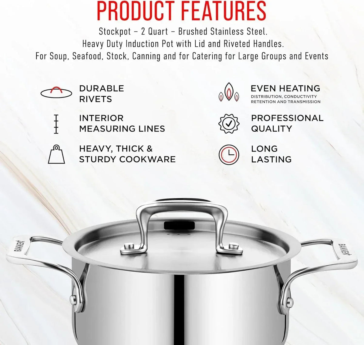 Stockpot – 2 Quart  to 24 Quart – Brushed Stainless Steel – Heavy Duty Induction Pot with Lid and Riveted Handles – For Soup, Seafood, Stock, Canning and for Catering for Large Groups and Events by BAKKEN
