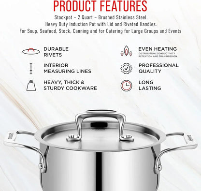 Stockpot – 2 Quart  to 24 Quart – Brushed Stainless Steel – Heavy Duty Induction Pot with Lid and Riveted Handles – For Soup, Seafood, Stock, Canning and for Catering for Large Groups and Events by BAKKEN